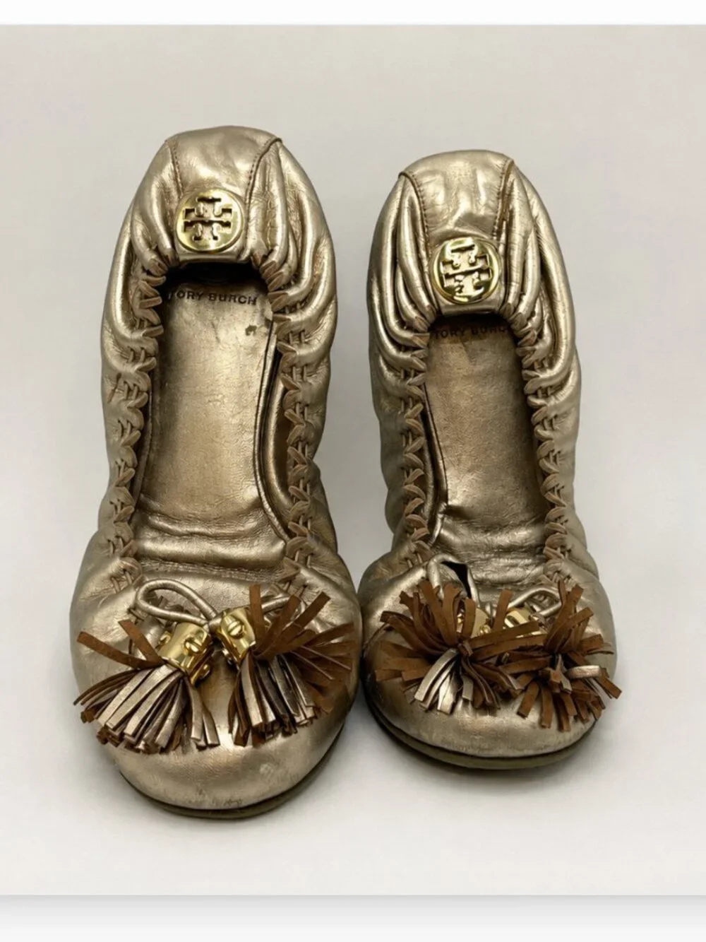 VTG Tory Burch Minnie Tassel Ballet Flats Metallic Gold Leather Sz 8 Flawed